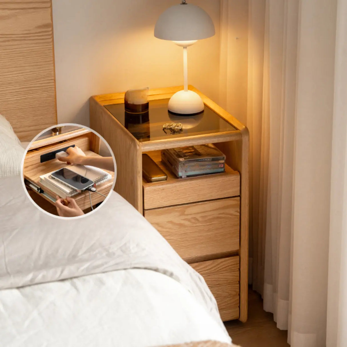 Scandinavian Glass Top Wood Nightstand with Drawers and Shelf Image - 6