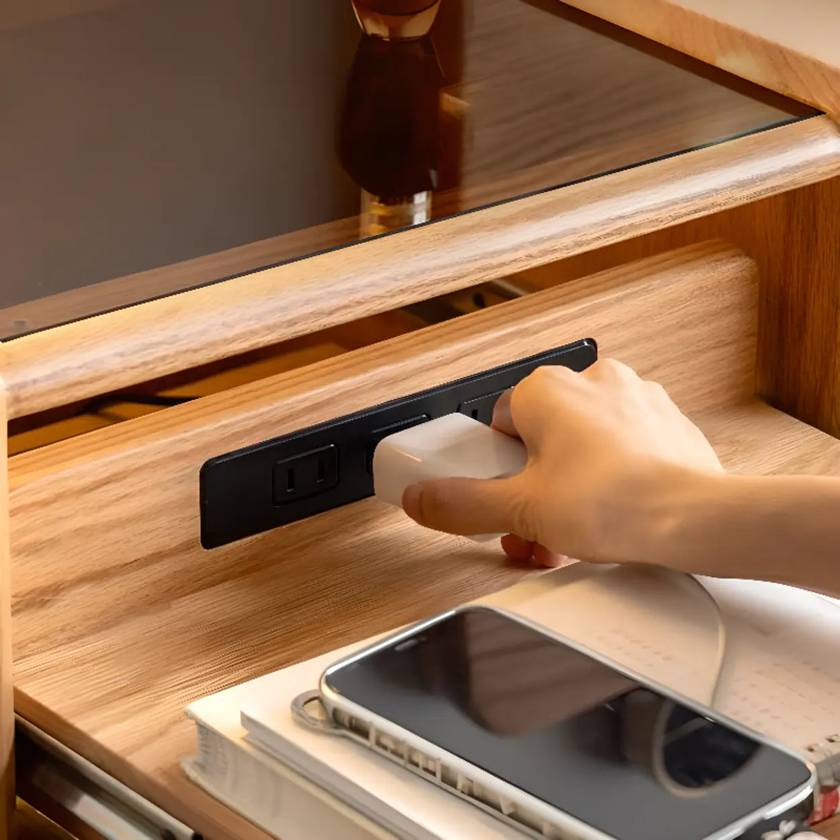 Scandinavian Glass Top Wood Nightstand with Drawers and Shelf Image - 7