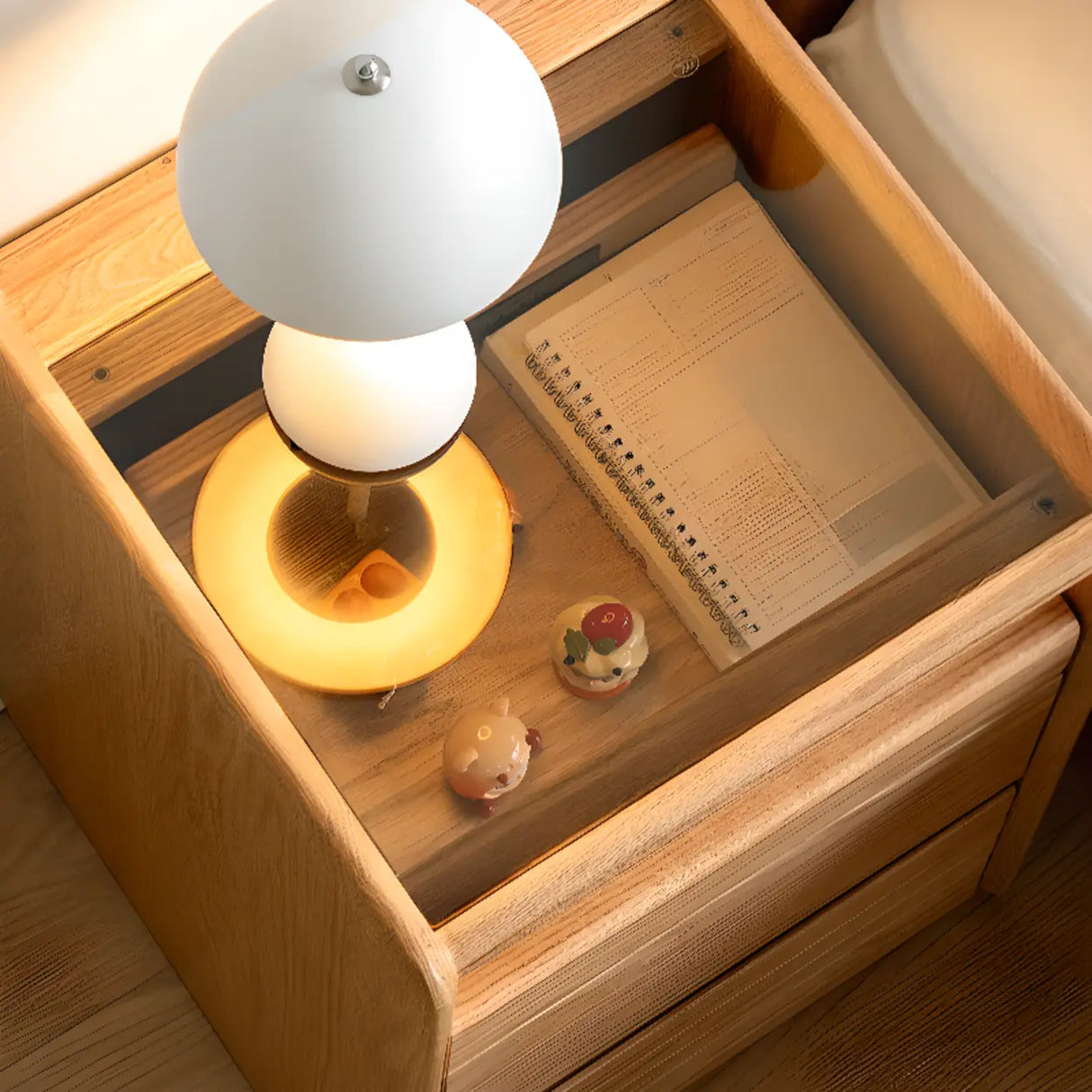 Scandinavian Glass Top Wood Nightstand with Drawers and Shelf Image - 8