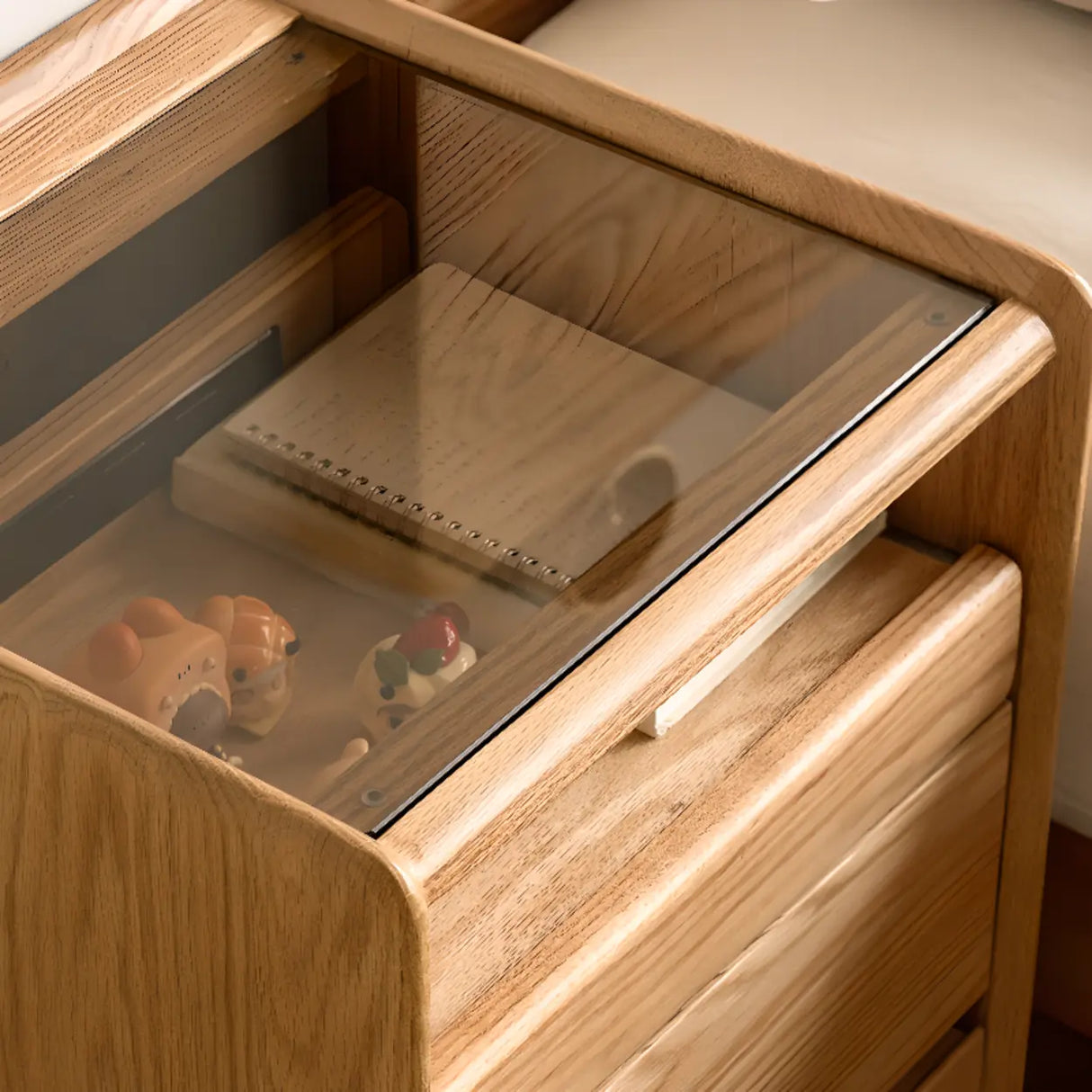 Scandinavian Glass Top Wood Nightstand with Drawers and Shelf Image - 9