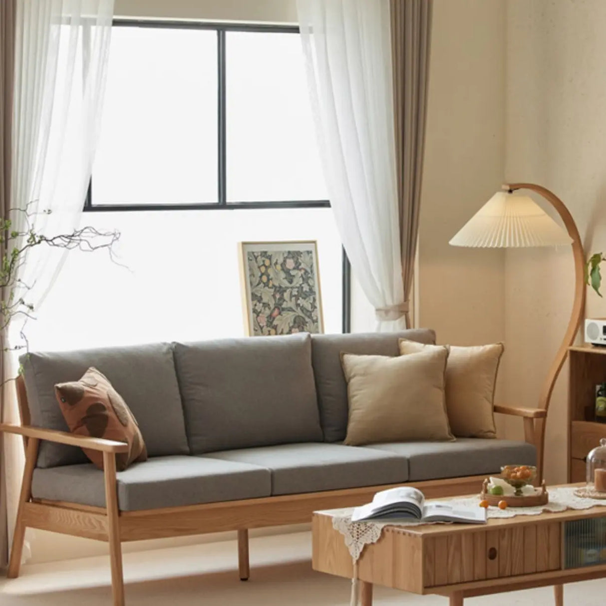 Scandinavian Grey Cotton Linen Wooden Frame Sofa Image - 20