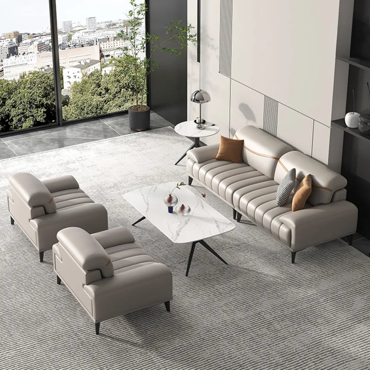 Scandinavian Grey Stain Resistant Leather Cushion Sofa Image - 2