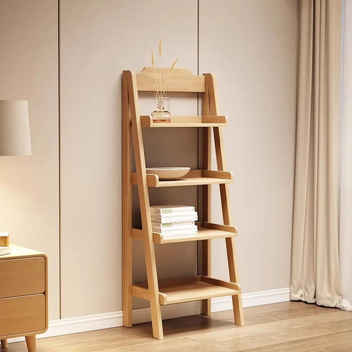 Scandinavian Mimimalist Wood Ladder Vertical Bookshelf Rack Image - 2