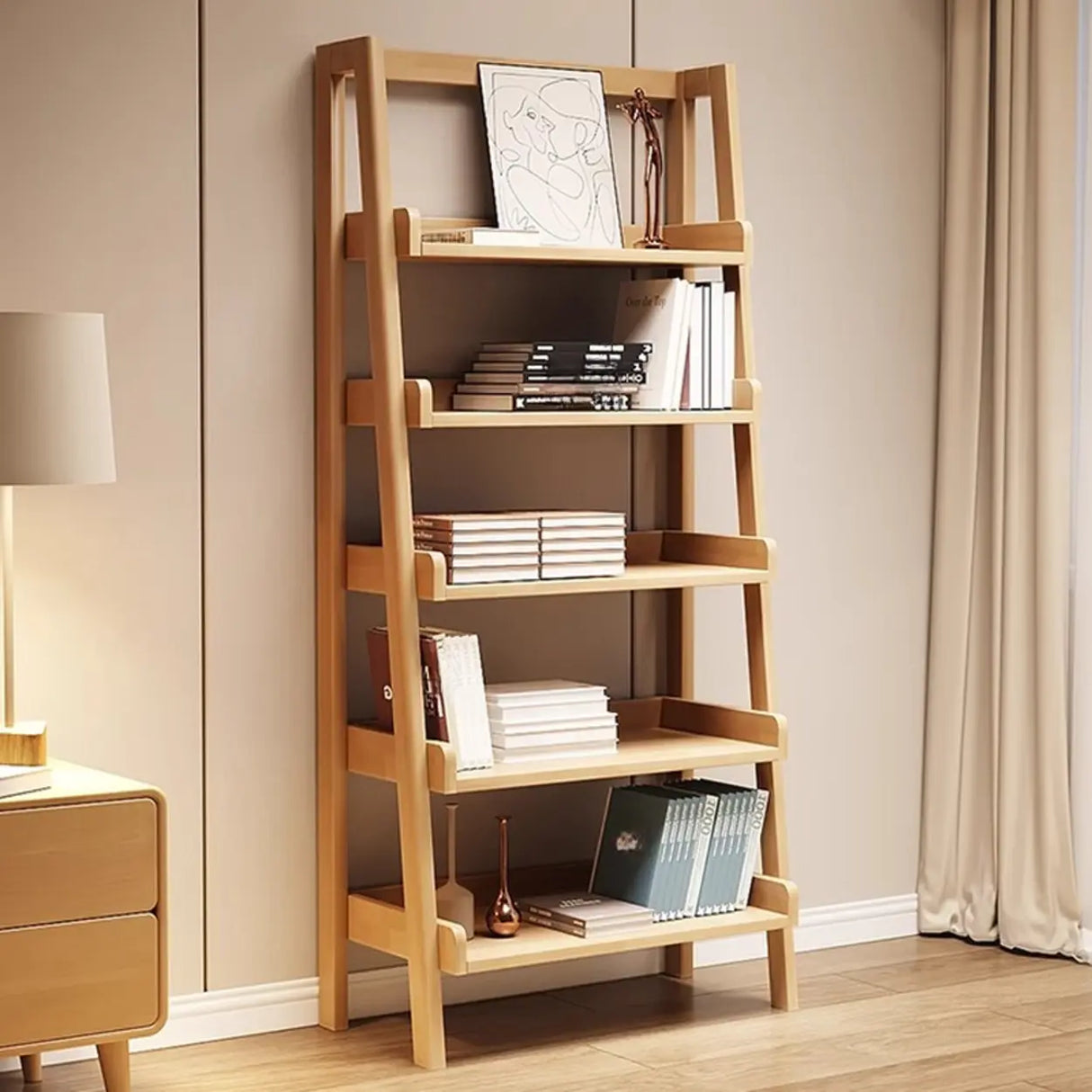 Scandinavian Mimimalist Wood Ladder Vertical Bookshelf Rack Image - 5