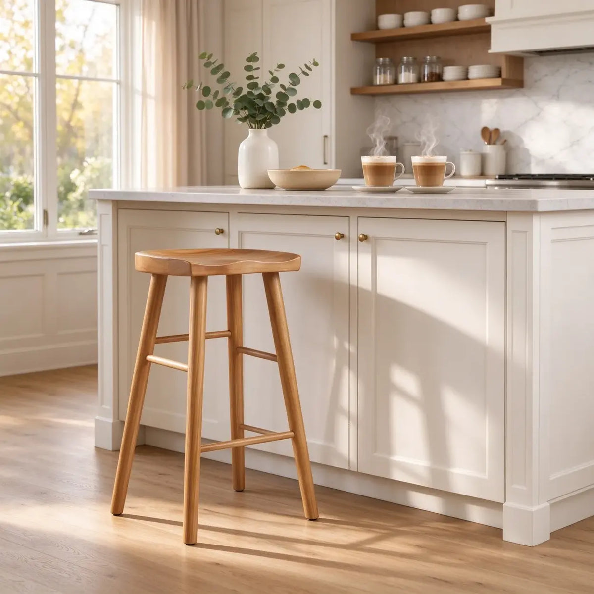 Scandinavian Minimalist Brown Wood Bar Stool with Footrest Image - 1