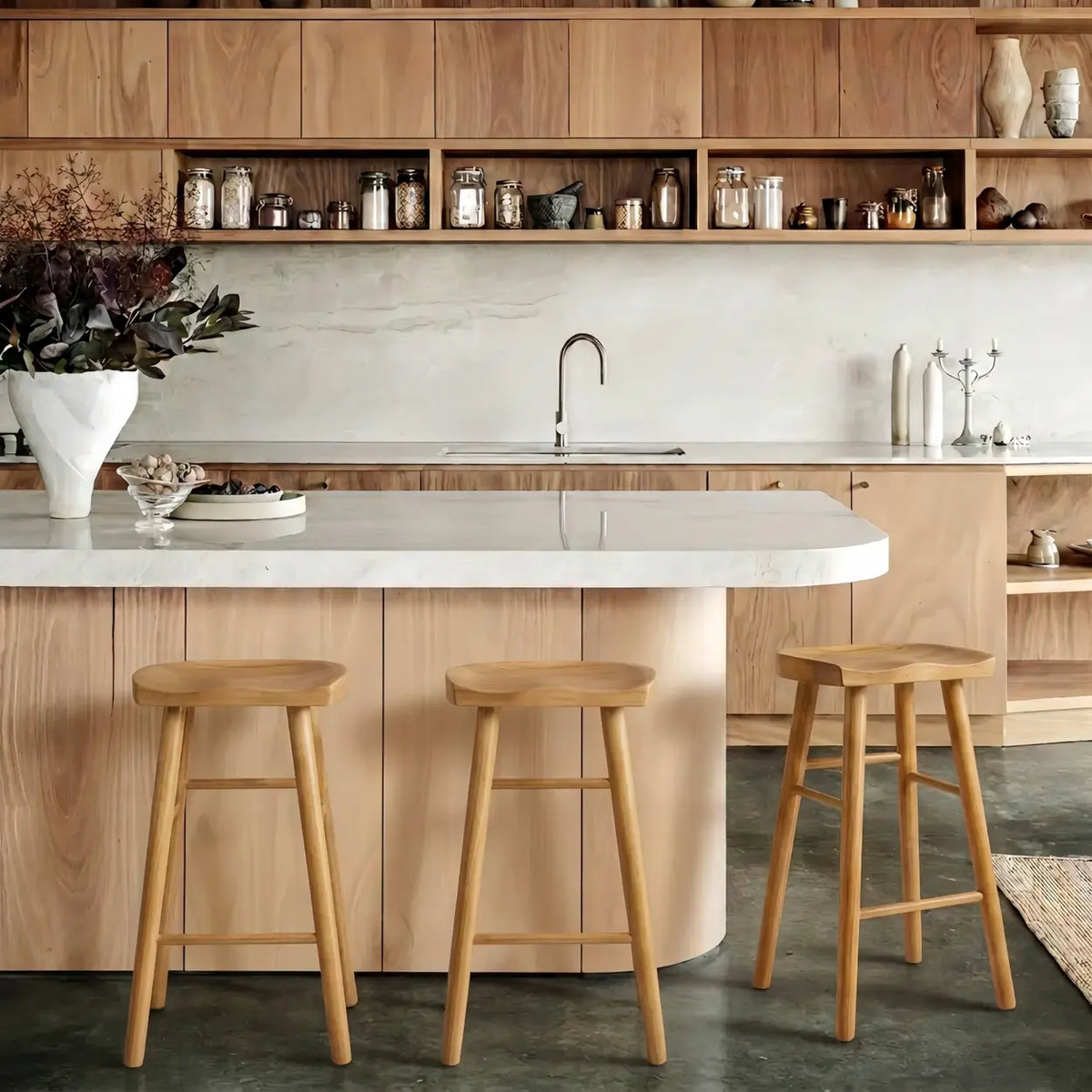 Scandinavian Minimalist Brown Wood Bar Stool with Footrest Image - 2