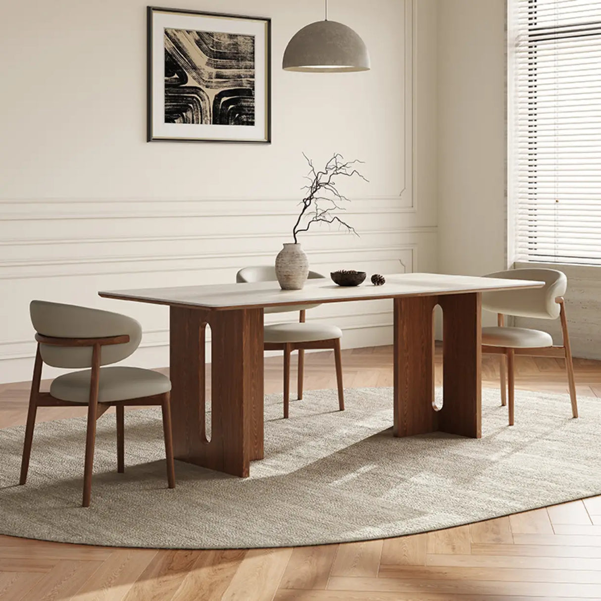 Scandinavian Minimalist Rectangle Beige Stone Top Dining Table Image - 3
