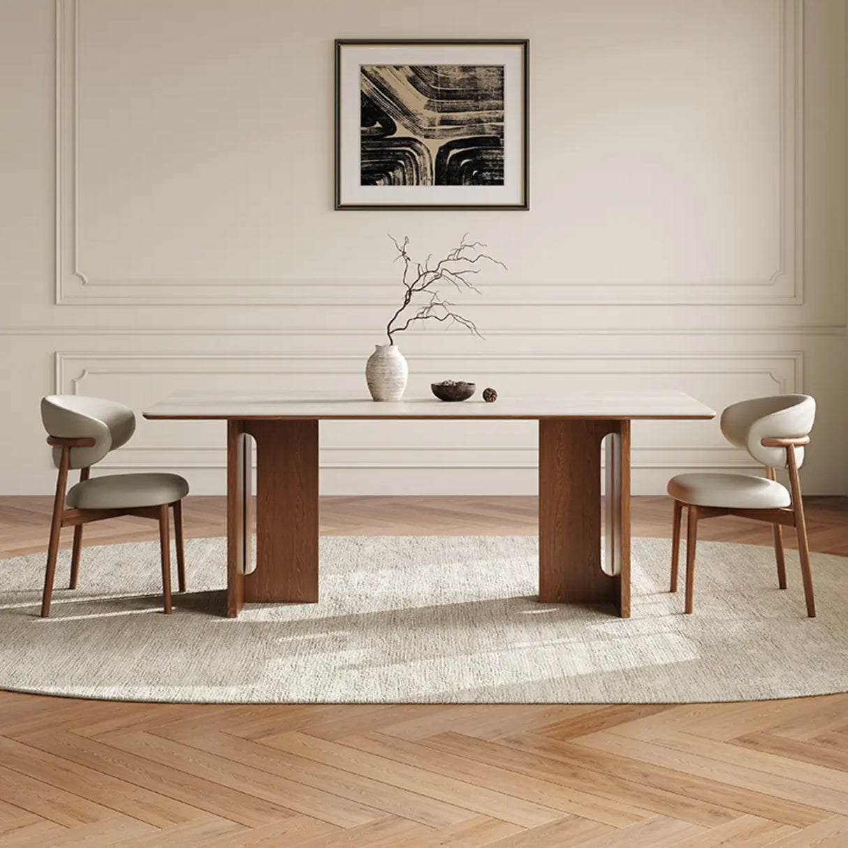 Scandinavian Minimalist Rectangle Beige Stone Top Dining Table Image - 4