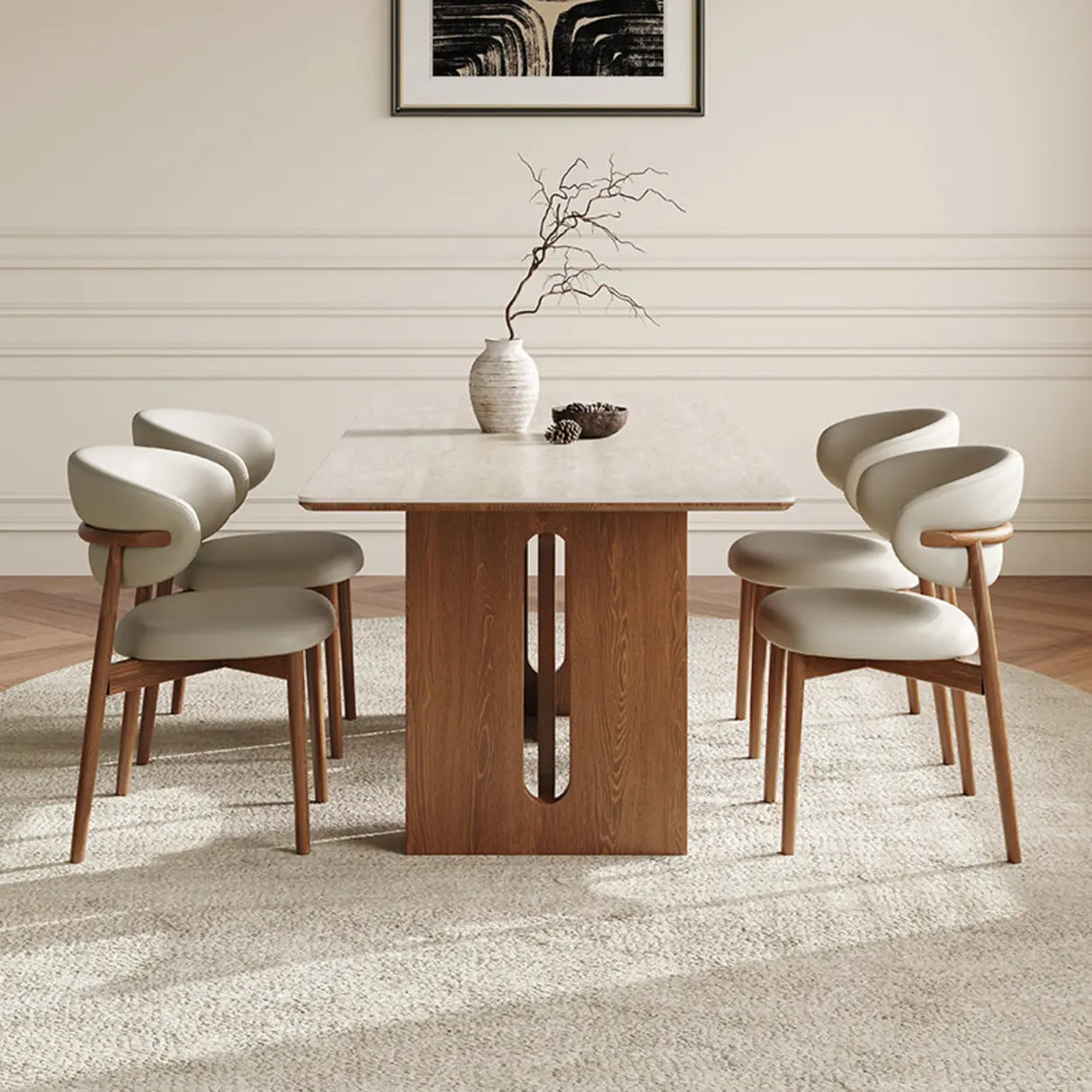 Scandinavian Minimalist Rectangle Beige Stone Top Dining Table Image - 5