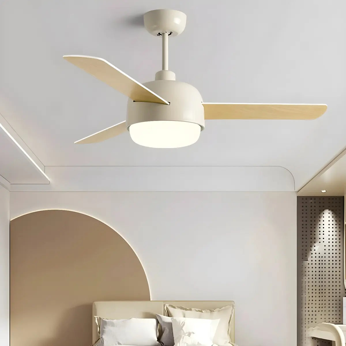 Scandinavian Bedroom Cream Ceiling Fans with Wood Fan Blade and Glass Shade Image - 1