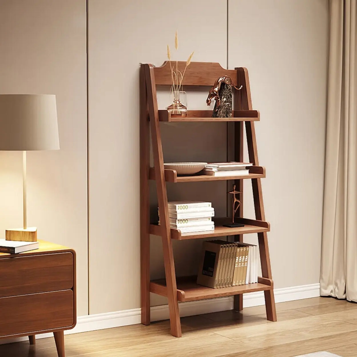 Scandinavian Narrow Ladder Vertical Corner Wood Bookshelf Image - 1