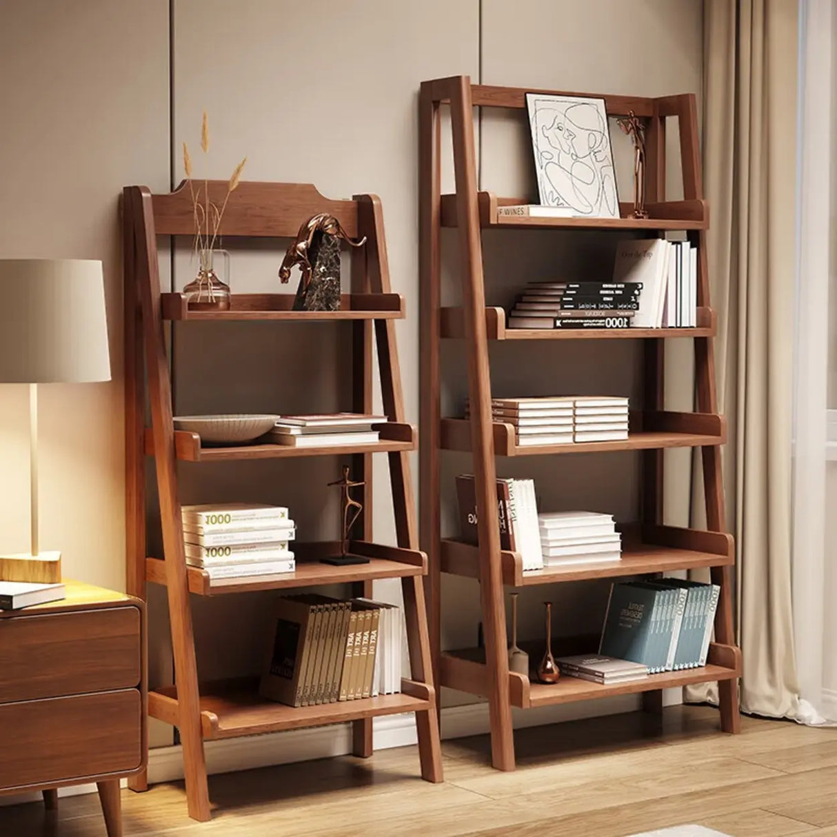 Scandinavian Narrow Ladder Vertical Corner Wood Bookshelf Image - 4