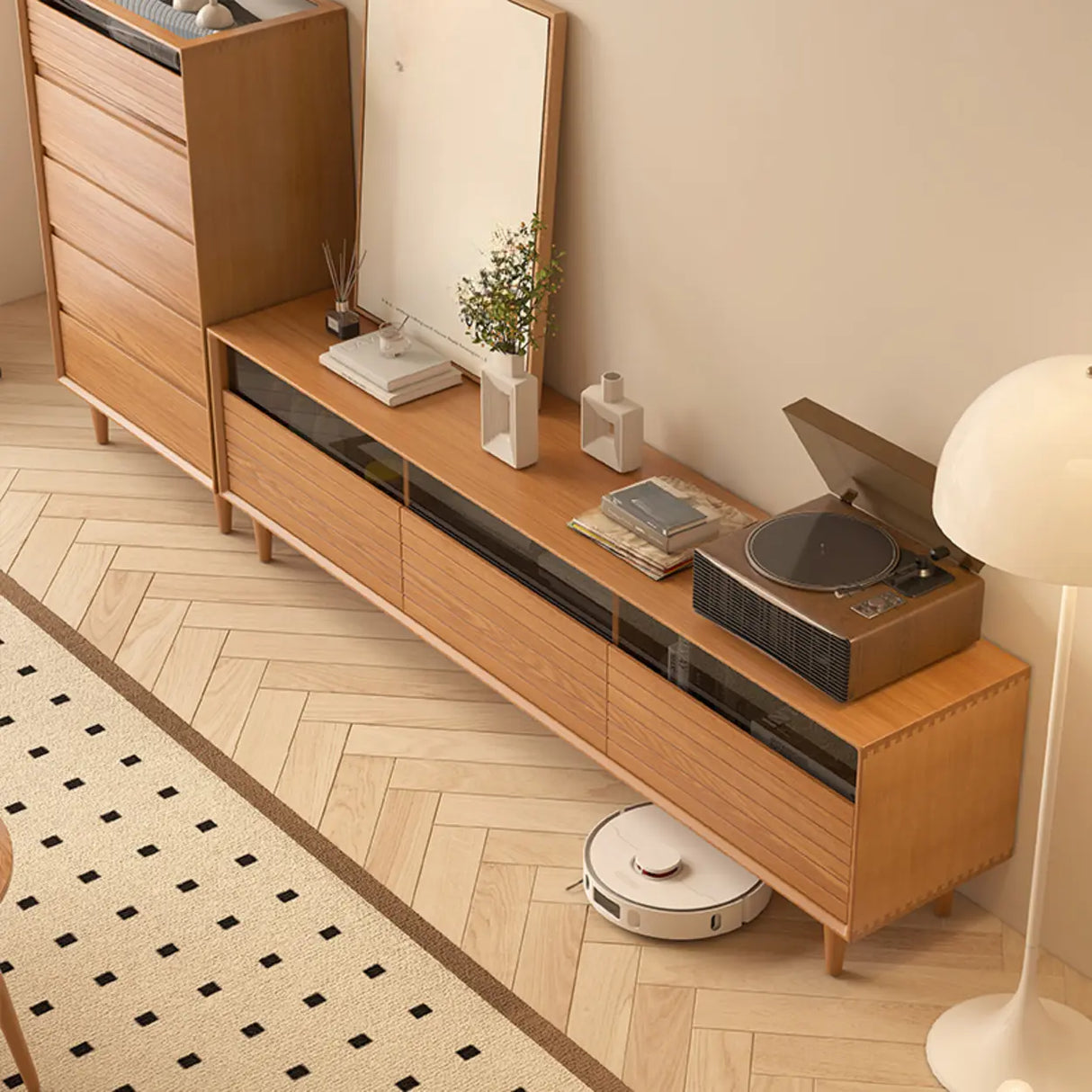 Scandinavian Natural Finish Cherry Drawers TV Stand Image - 3