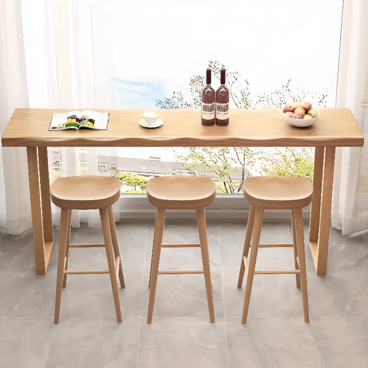 Scandinavian Natural Rectangle Wood Bar Table with Wave Edge Image - 3