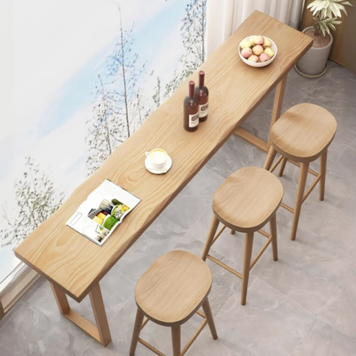 Scandinavian Natural Rectangle Wood Bar Table with Wave Edge Image - 5