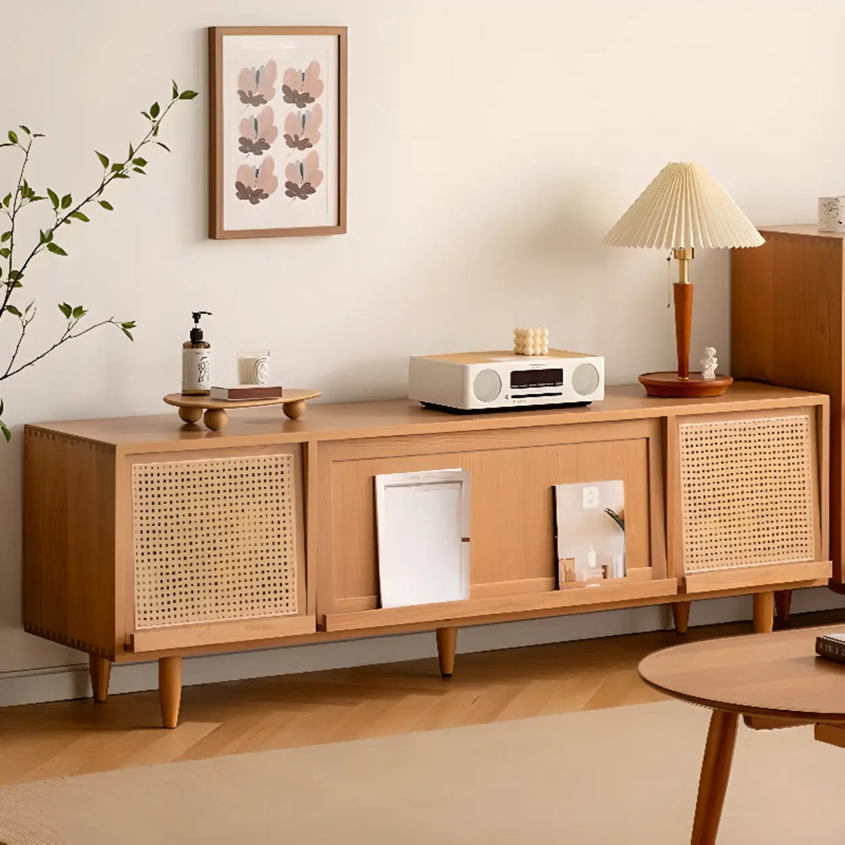 Scandinavian Natural Rectangular Wood TV Stand with Shelf