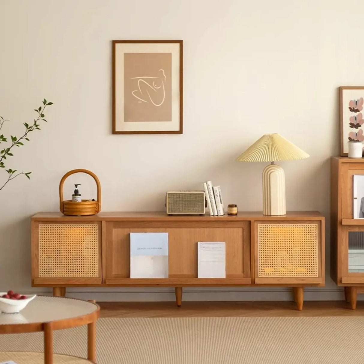 Scandinavian Natural Rectangular Wood TV Stand with Shelf