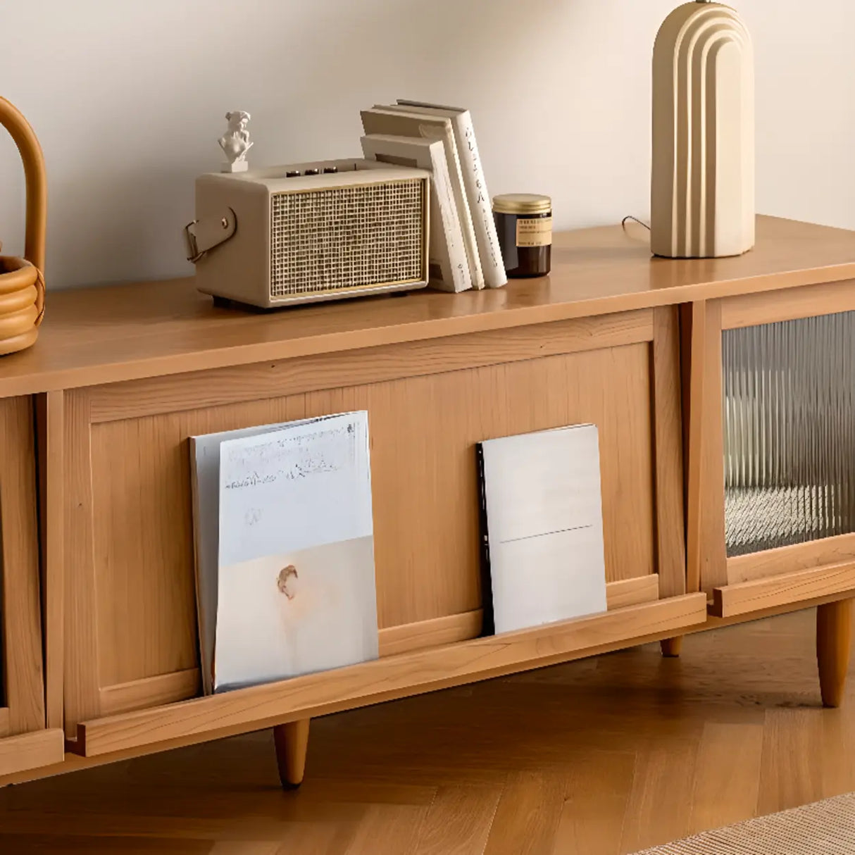 Scandinavian Natural Rectangular Wood TV Stand with Shelf