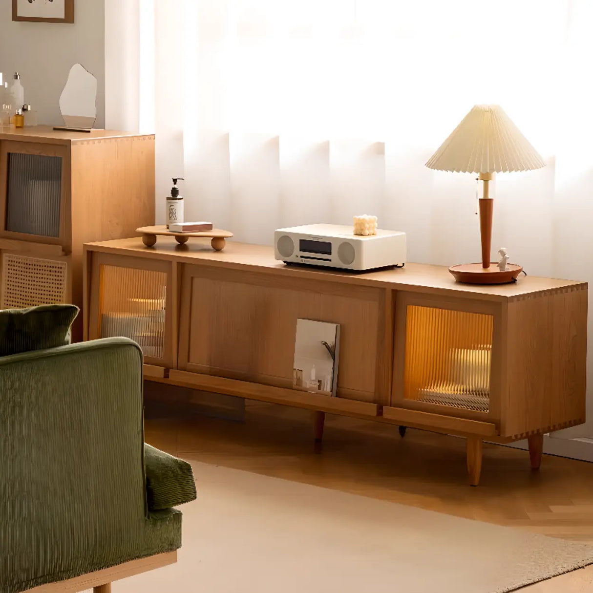 Scandinavian Natural Rectangular Wood TV Stand with Shelf