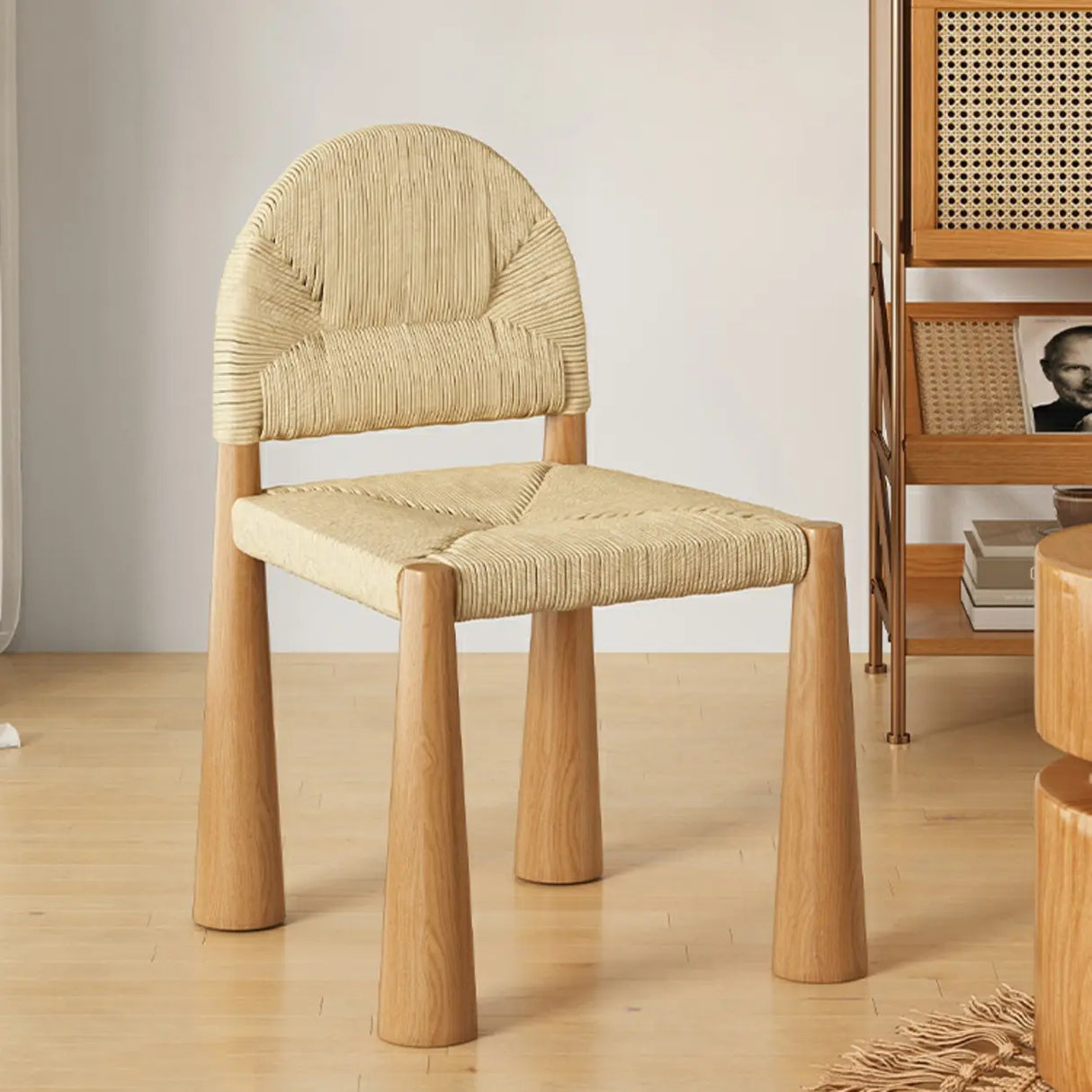 Scandinavian Natural Wood Low Back Woven Dining Chairs Image - 4