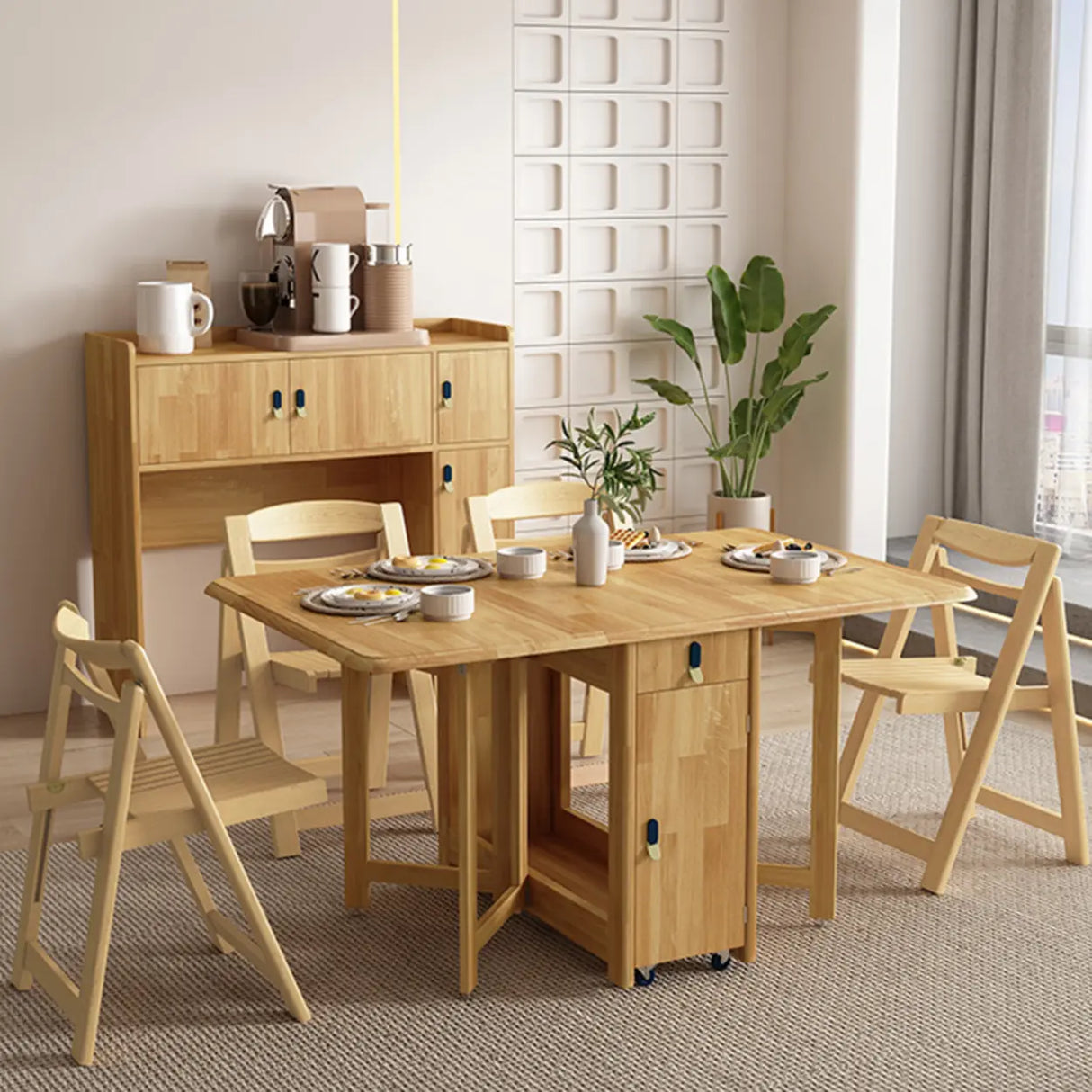 Scandinavian Natural Wood Rectangle Dining Table Extension Image - 2