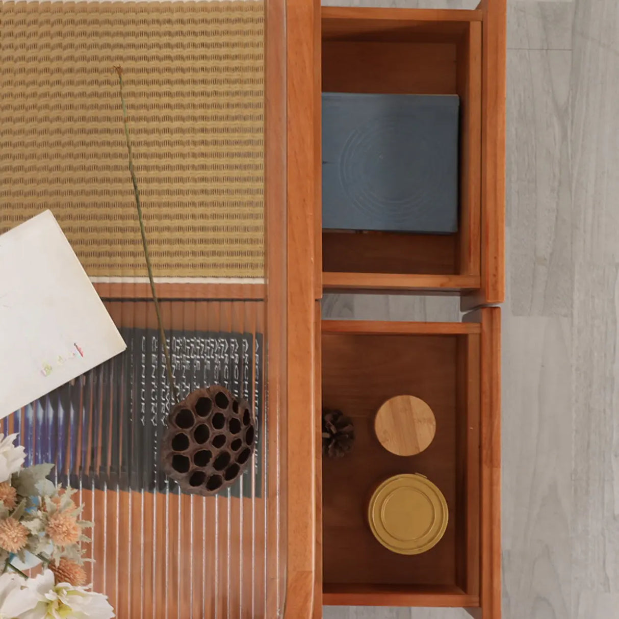 Scandinavian Oval Glass Top Shelf Drawers Coffee Table Image - 10