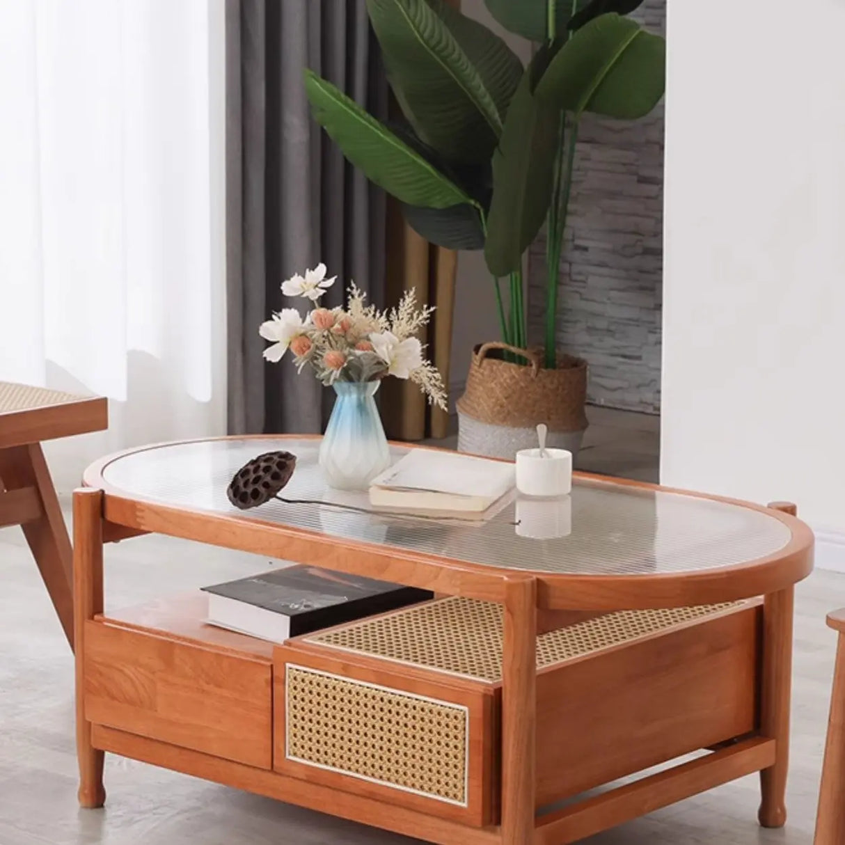 Scandinavian Oval Glass Top Shelf Drawers Coffee Table Image - 11