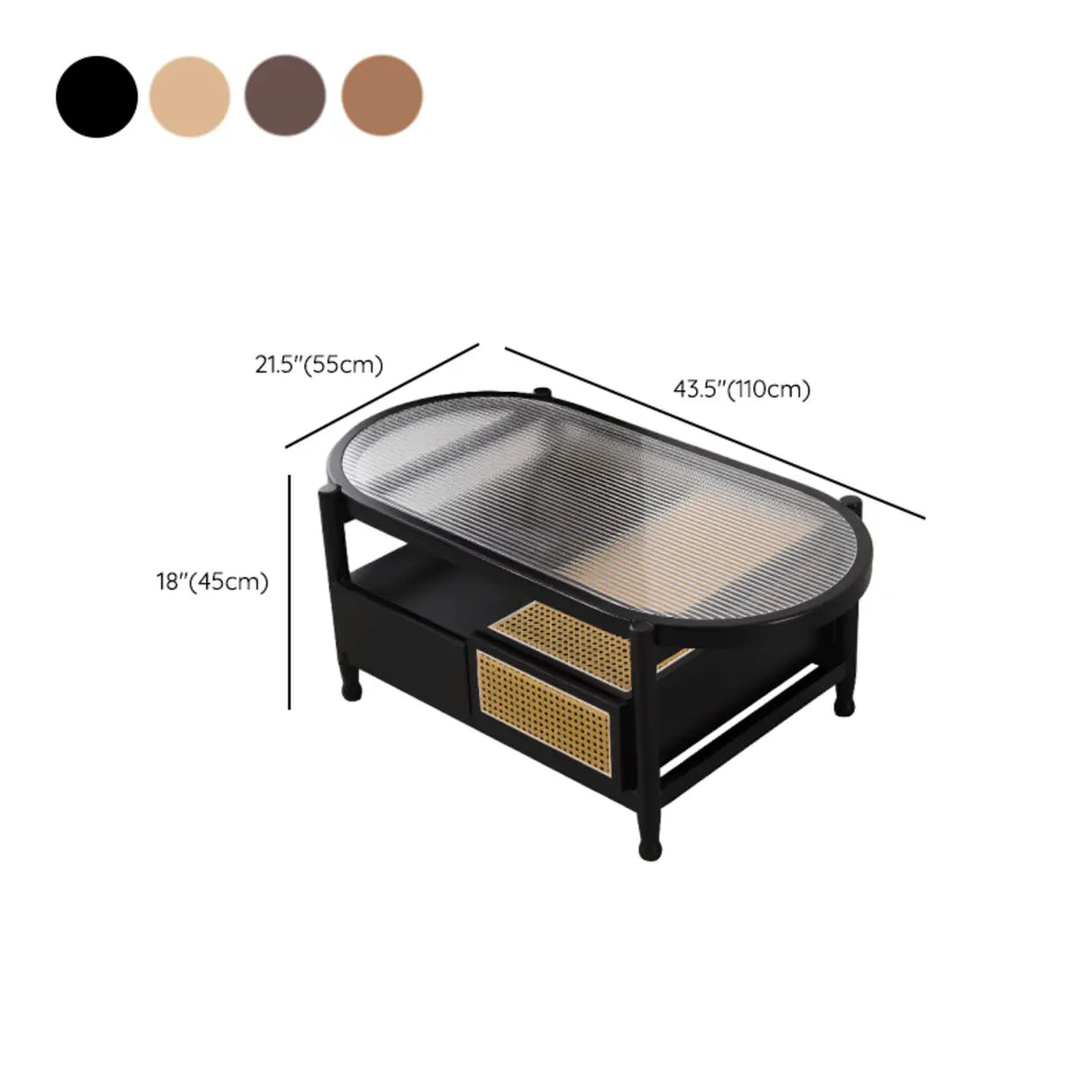 Scandinavian Oval Glass Top Shelf Drawers Coffee Table