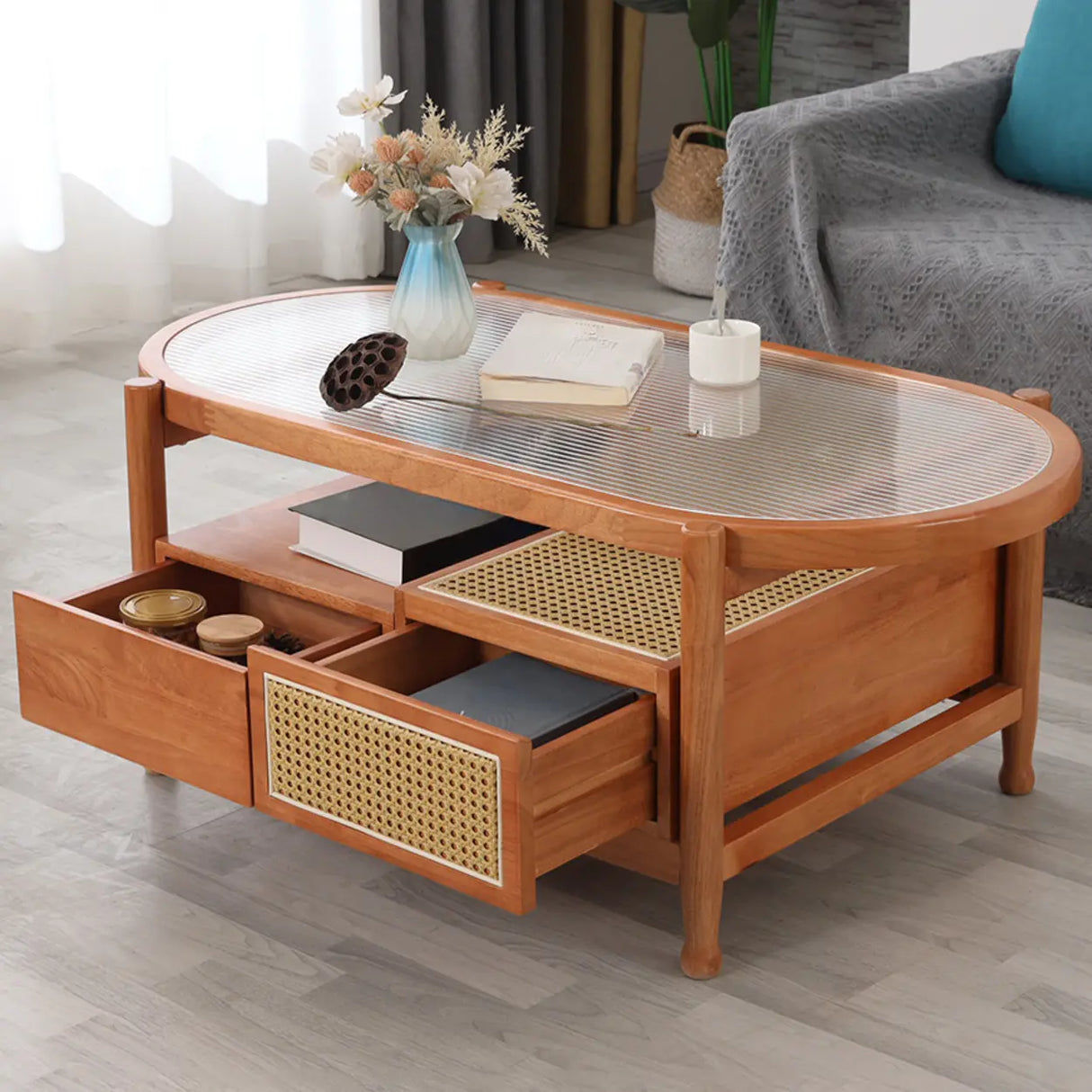 Scandinavian Oval Glass Top Shelf Drawers Coffee Table Image - 1