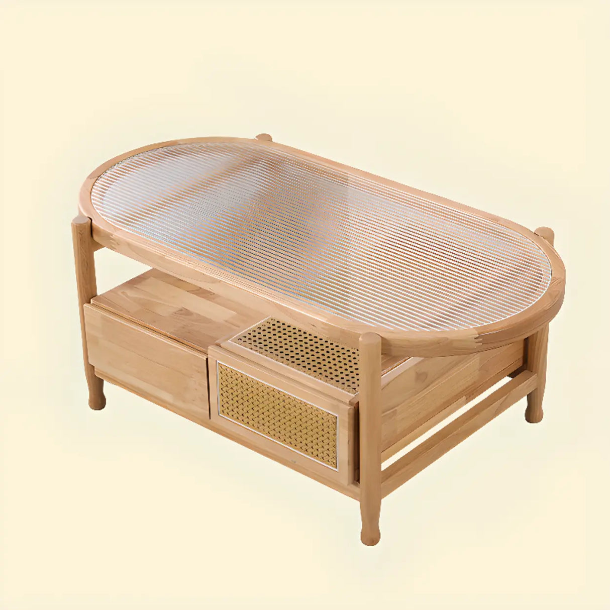 Scandinavian Oval Glass Top Shelf Drawers Coffee Table Image - 3