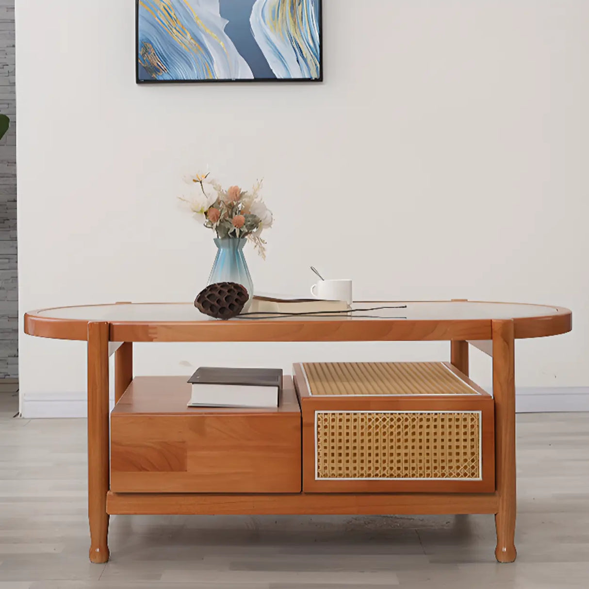 Scandinavian Oval Glass Top Shelf Drawers Coffee Table Image - 4