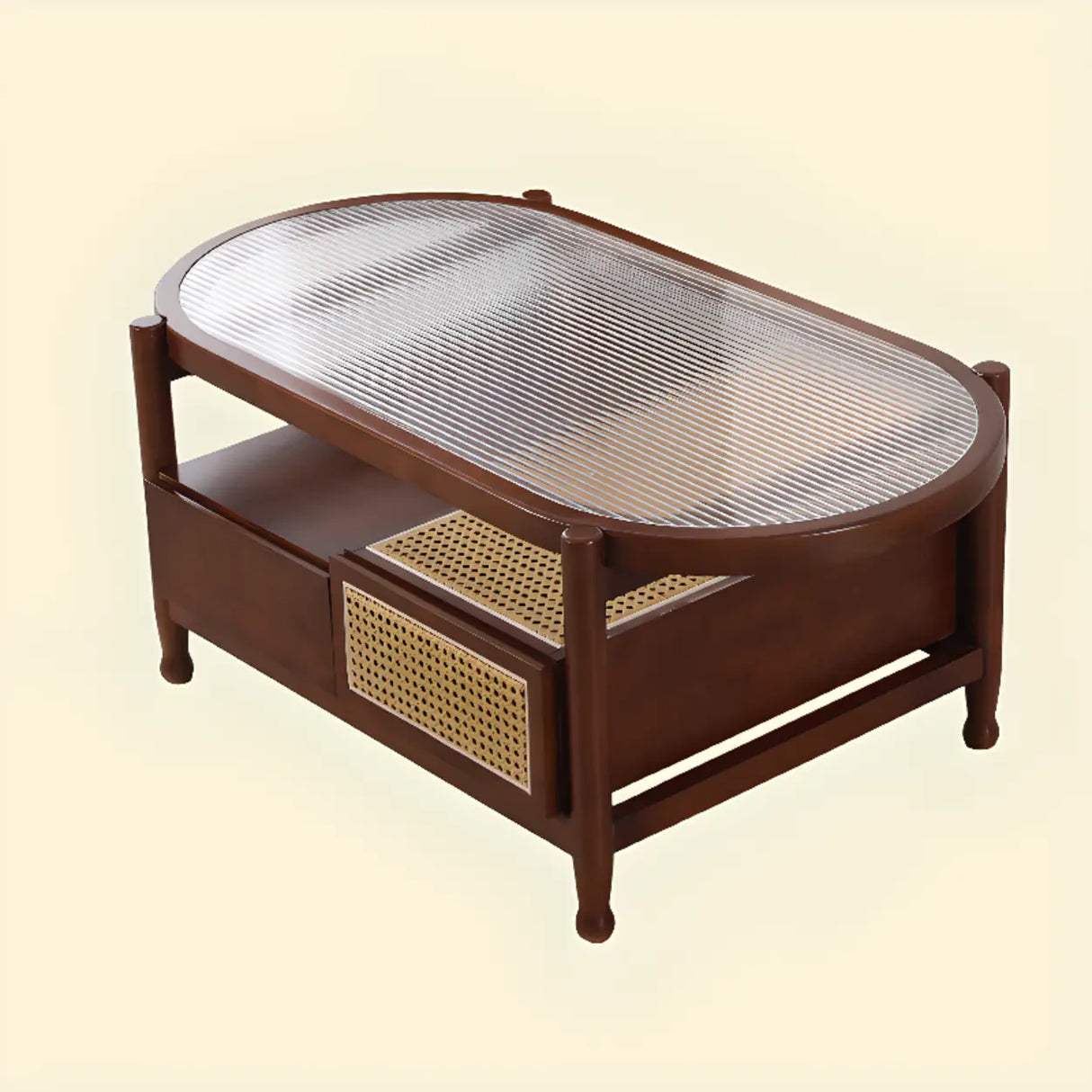 Scandinavian Oval Glass Top Shelf Drawers Coffee Table Image - 5