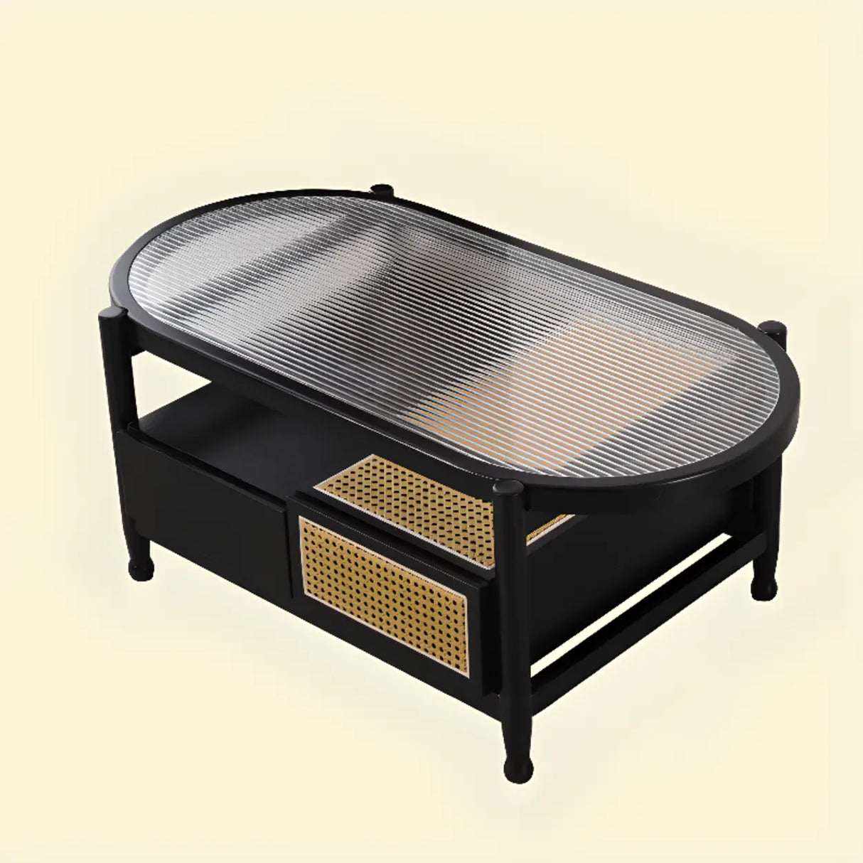 Scandinavian Oval Glass Top Shelf Drawers Coffee Table Image - 7