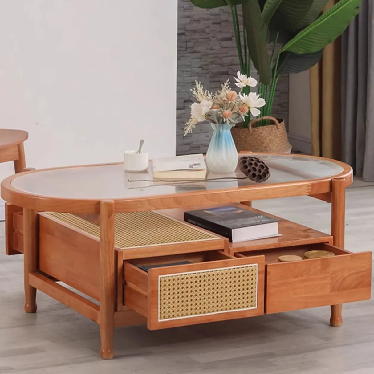 Scandinavian Oval Glass Top Shelf Drawers Coffee Table Image - 8