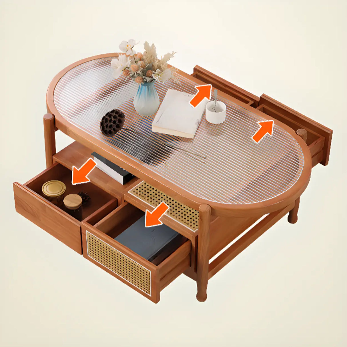 Scandinavian Oval Glass Top Shelf Drawers Coffee Table Image - 9