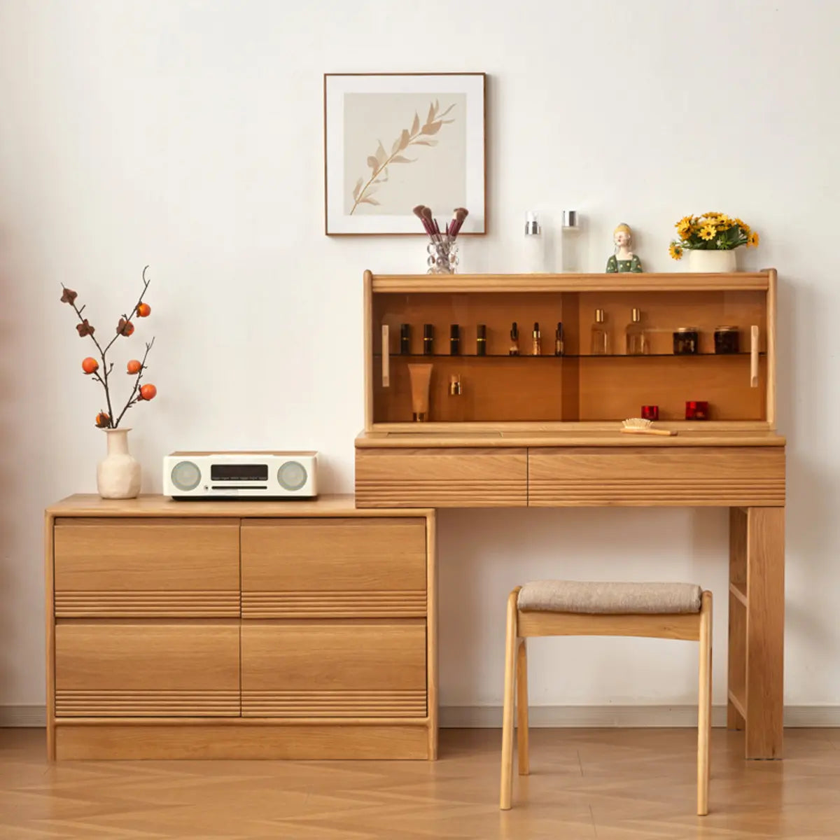 Scandinavian Rectangle Wood Tabletop Sliding Makeup Vanity Image - 1