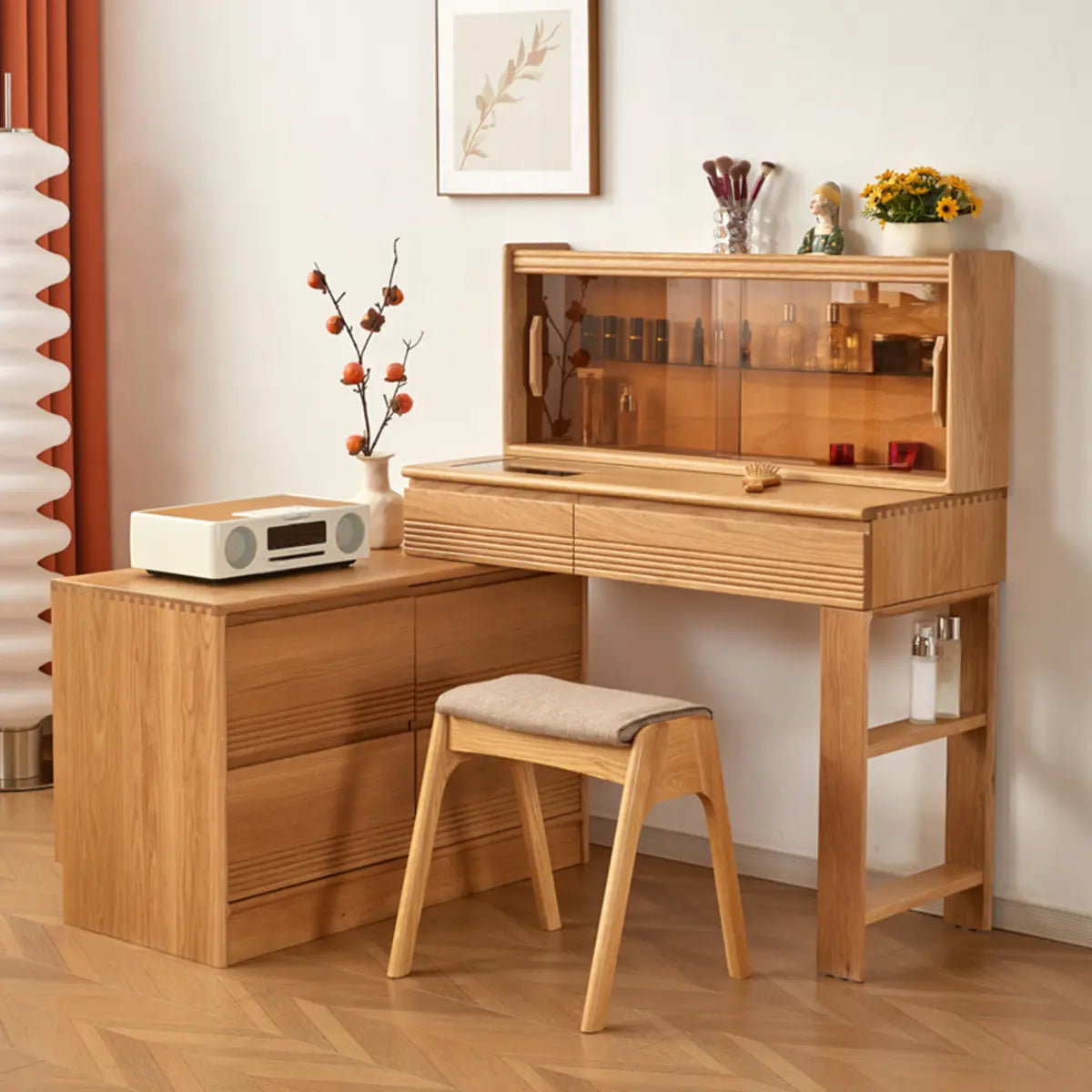 Scandinavian Rectangle Wood Tabletop Sliding Makeup Vanity Image - 3