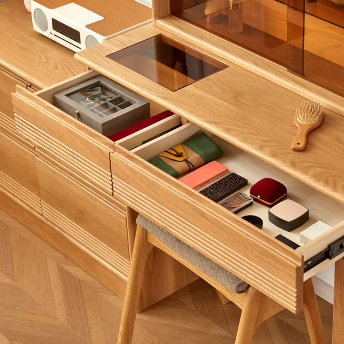 Scandinavian Rectangle Wood Tabletop Sliding Makeup Vanity Image - 9