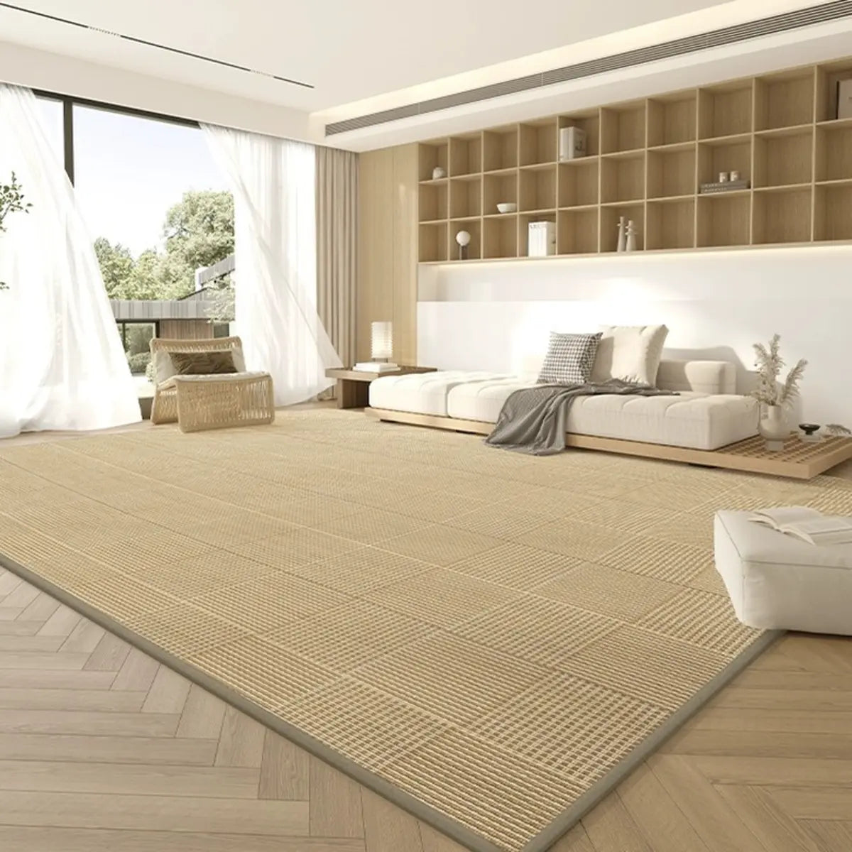 Scandinavian Rectangle Woven Beige Plaid Area Rug Image - 1