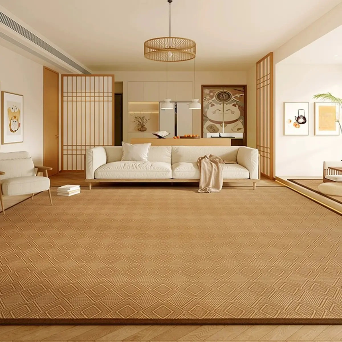 Scandinavian Rectangle Woven Beige Plaid Area Rug Image - 12