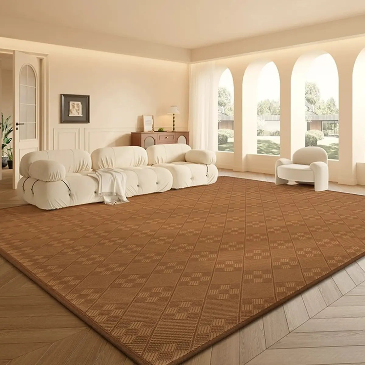 Scandinavian Rectangle Woven Beige Plaid Area Rug Image - 2