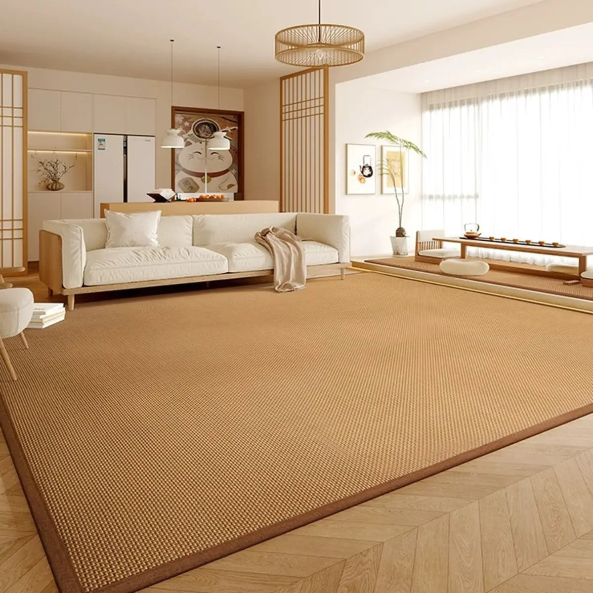 Scandinavian Rectangle Woven Beige Plaid Area Rug Image - 3