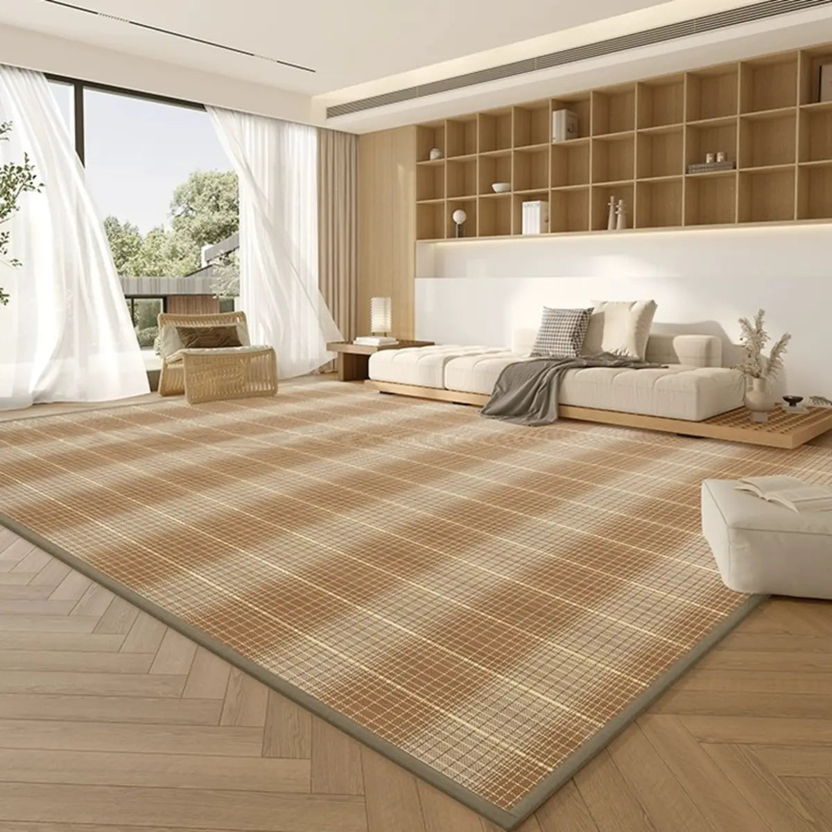 Scandinavian Rectangle Woven Beige Plaid Area Rug Image - 4