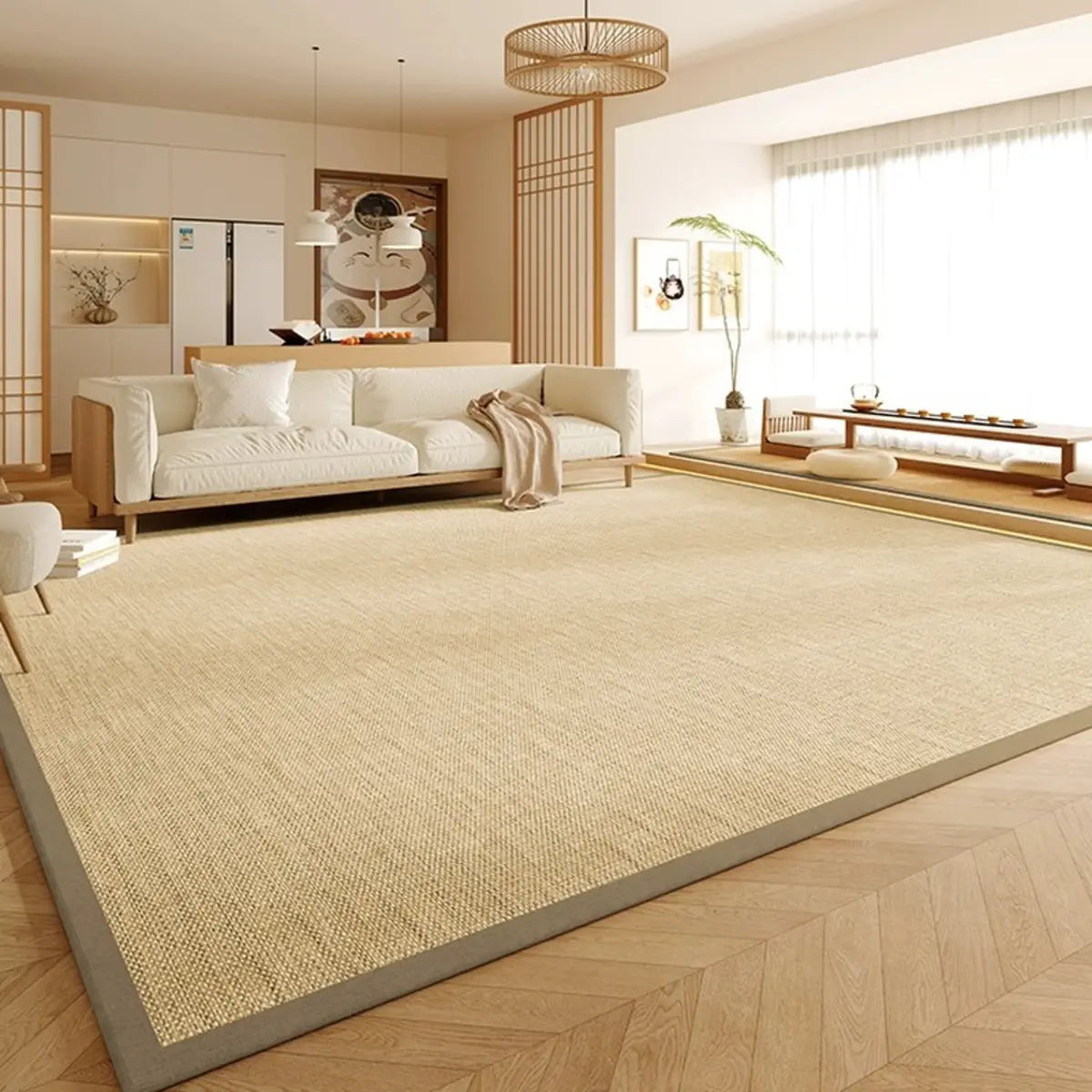 Scandinavian Rectangle Woven Beige Plaid Area Rug Image - 7
