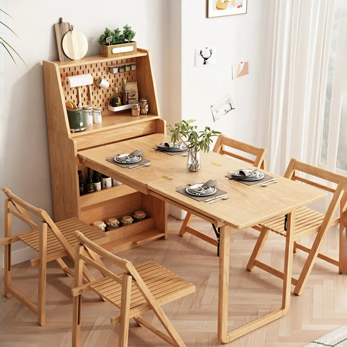 Scandinavian Rectangular Natural Wood Dining Table Storage Image - 1