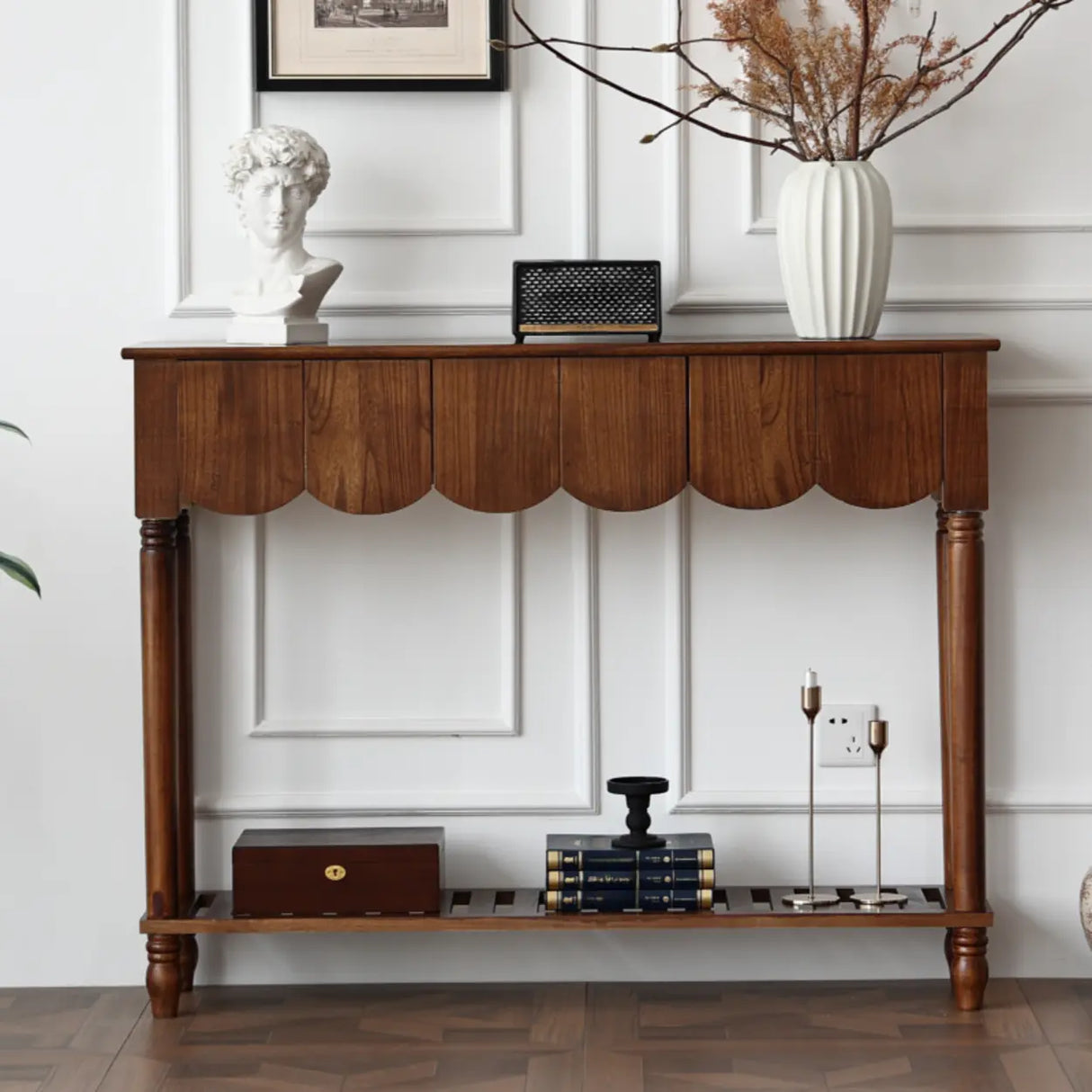 Scandinavian Rectangular Wood Console Table with Floor Shelf Image - 1