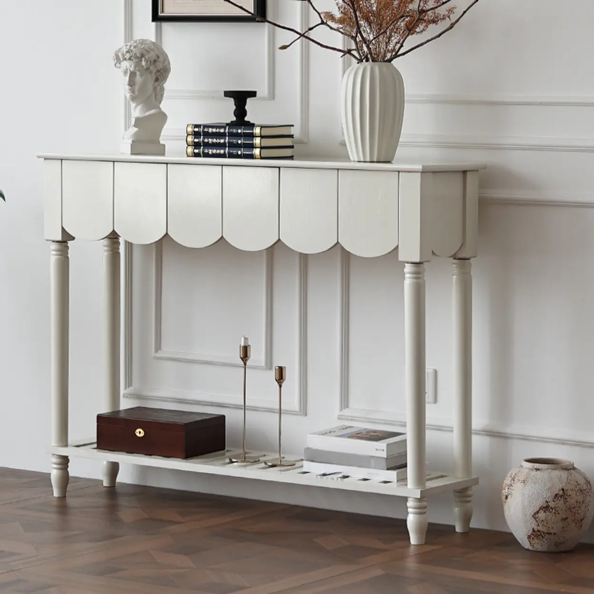 Scandinavian Rectangular Wood Console Table with Floor Shelf Image - 11