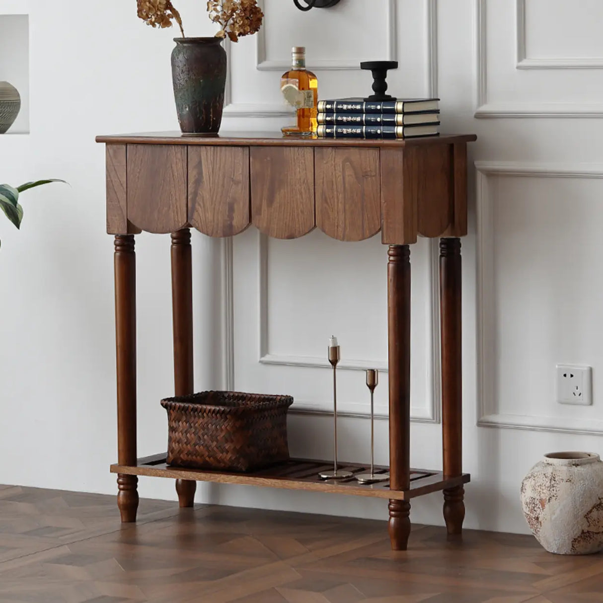 Scandinavian Rectangular Wood Console Table with Floor Shelf Image - 2