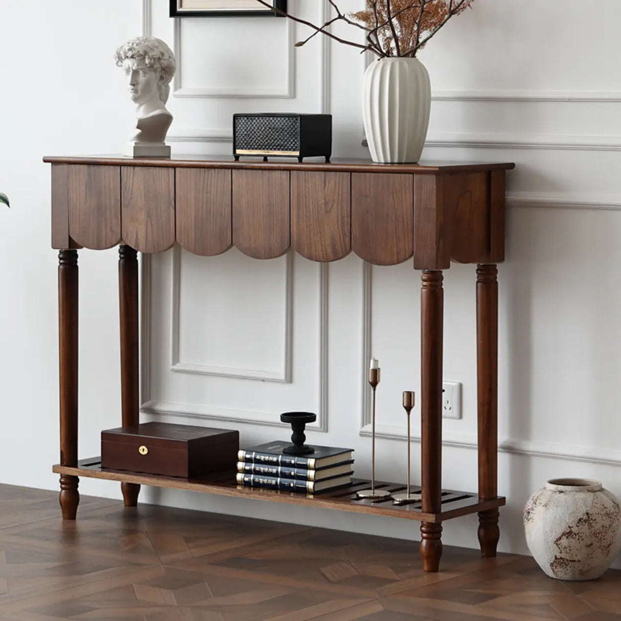 Scandinavian Rectangular Wood Console Table with Floor Shelf Image - 3