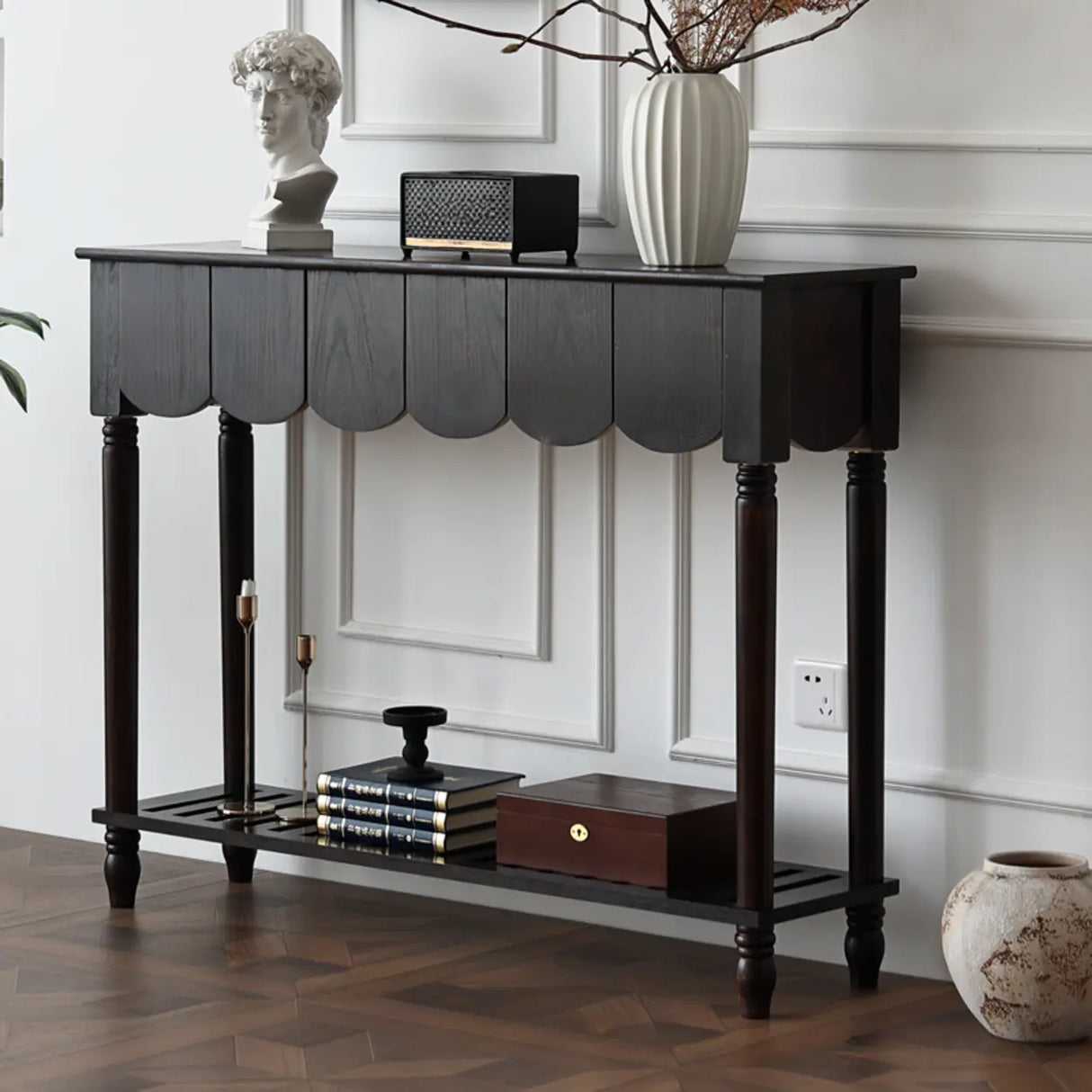 Scandinavian Rectangular Wood Console Table with Floor Shelf Image - 7